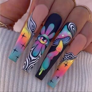 Acrylic Extra LONG Coffin Tip Graffiti Neon Manicure Rainbow Nails Professional